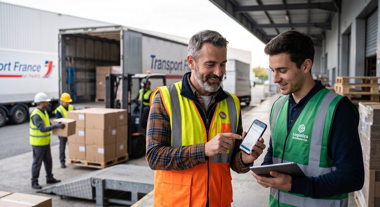 Receiving clerks validating a delivery from a phone on the dock